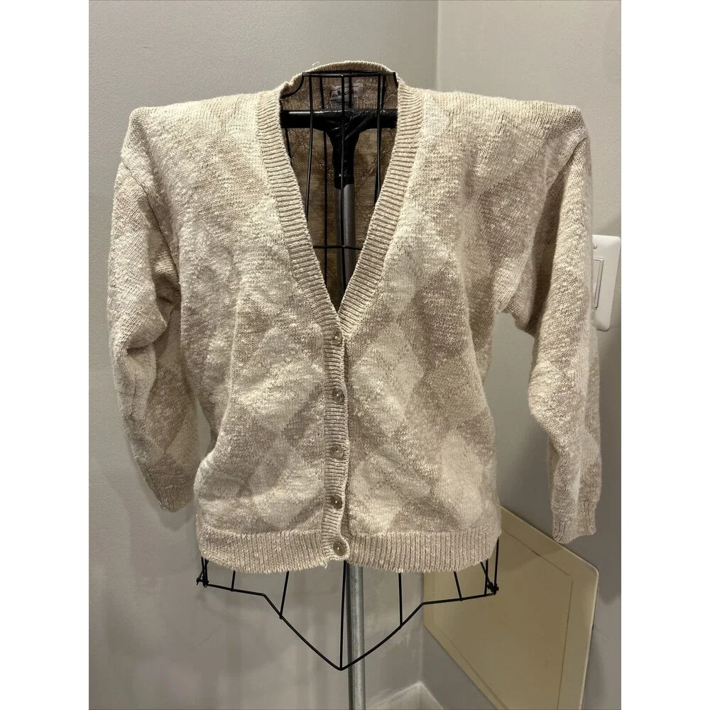 Vintage Talbots Womens Cardigan Sweater Large Beige Diamond Button Front